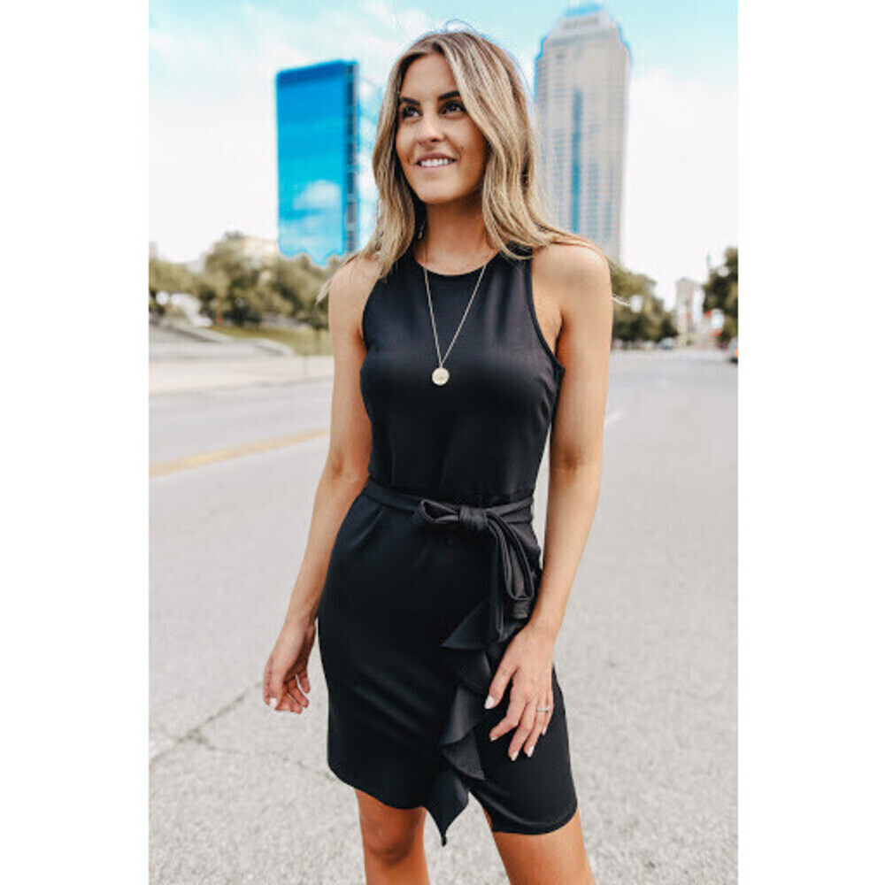 Jack BB Dakota Women's Open Late Ponte Ruffle Dress With Belt In Black Size XS